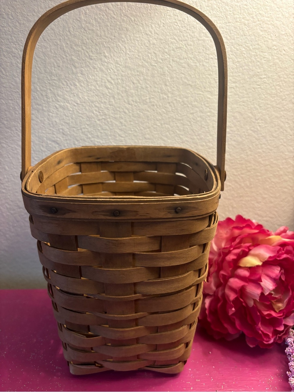 Vintage 1987 Longaberger Natural Brown Woven Basket with Swing Handle